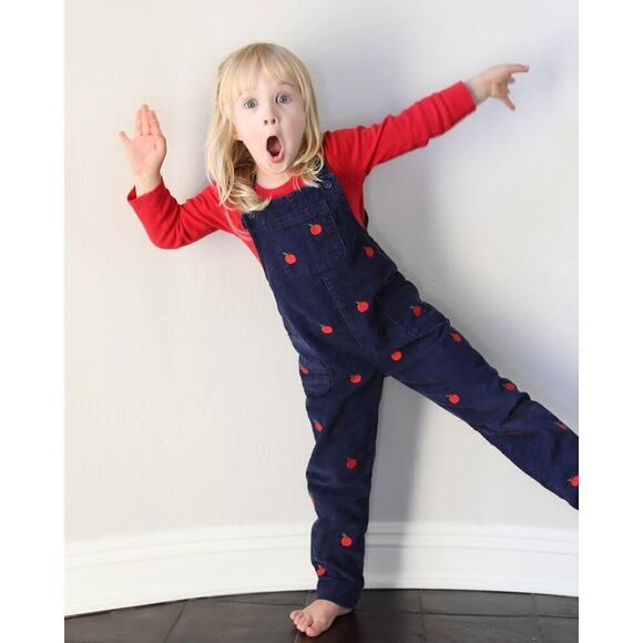 Mini Boden Relaxed Corduroy Overalls Apple Embroidery College Navy Blue 5-6Y - Picture 2 of 11